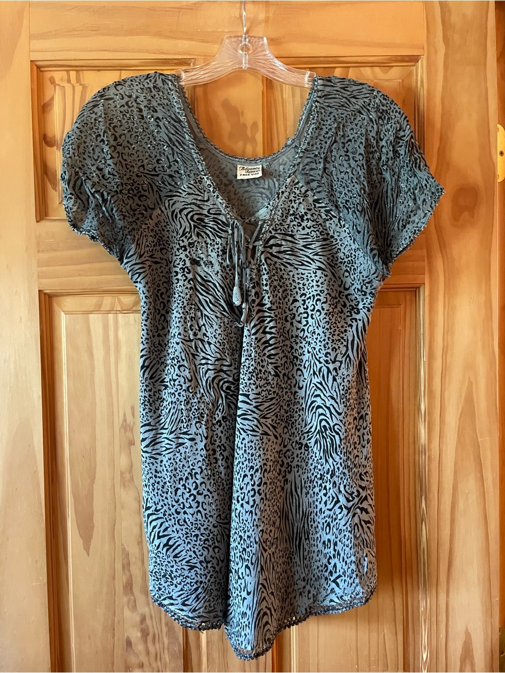 Advance Apparels Blue Animal-Print Tie Front Short Sleeve Tunic